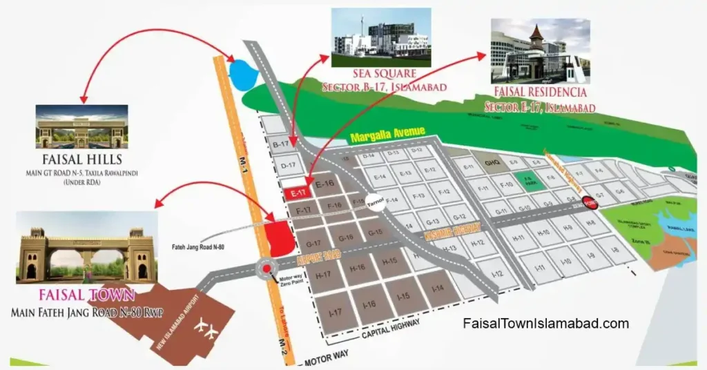 Faisal Town Islamabad Map and location details for Phase 1, Phase 2, Faisal Hills, Faisal Margalla City, and Faisal Residencia