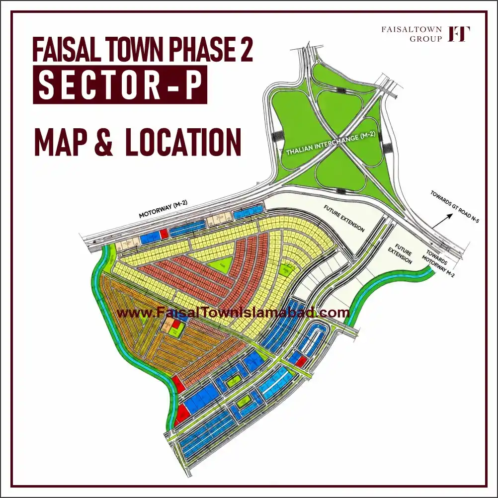Location map of Faisal Town Phase 2 Sector P showing access to the M-2 Motorway, Thalian Interchange, Rawalpindi Ring Road, and the 350-foot Main Boulevard.